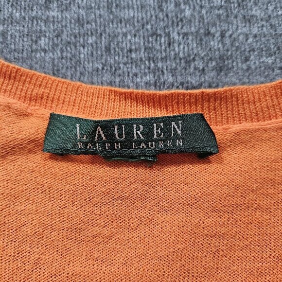 Lauren Ralph Lauren Cardigan Womens L Orange Buttons LS Boho Preppy Mature FLAW - Picture 3 of 13